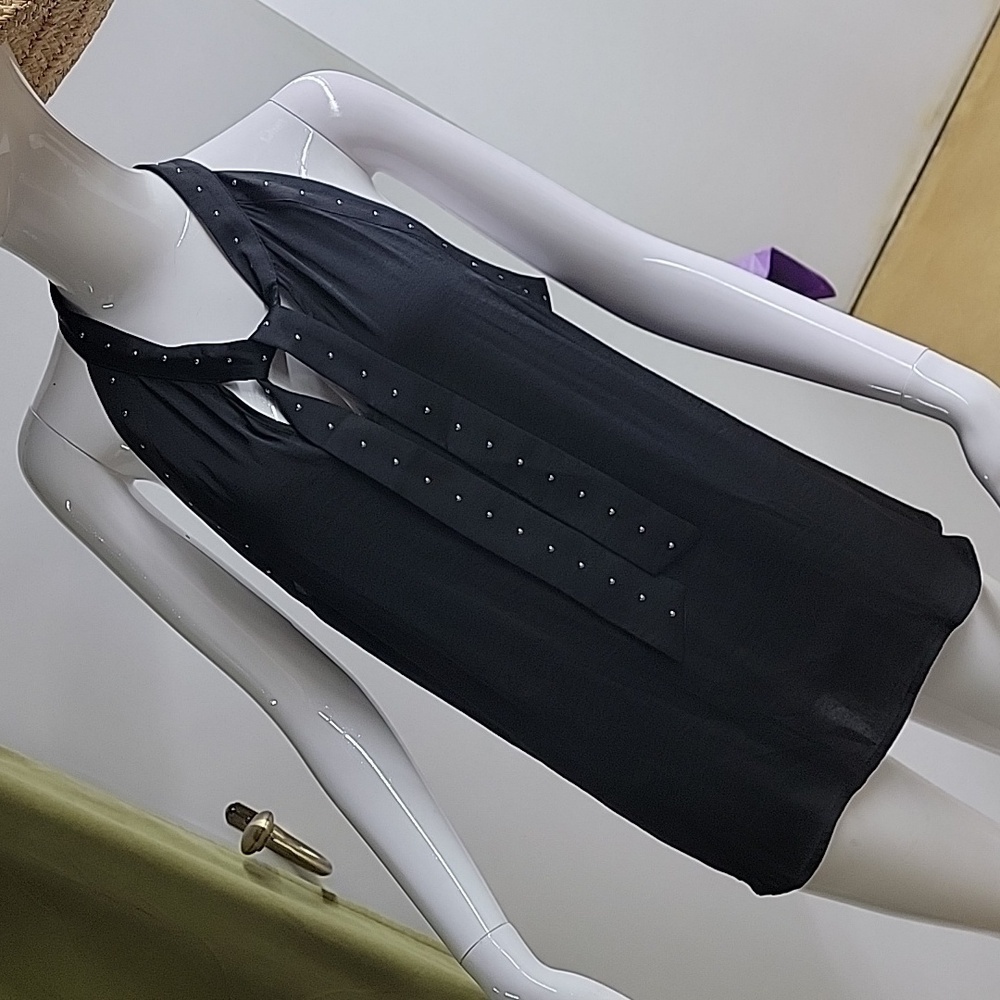 Jennifer Lopez Silver Stud Detail Tie Neck Sleeveless Little Black Tank Top XL